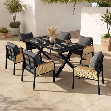 Canapé extérieur moderne cadre fer accoudoirs tressés ensemble détente multi-personnes coussins inclus