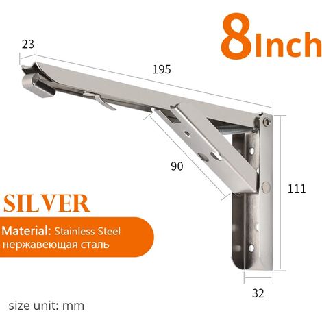 (Argent 20 cm - Espagne) 2 supports d'étagère triangulaires pliables en acier inoxydable, réglables, à fixer au mur, pour banc ou table. (1/5)