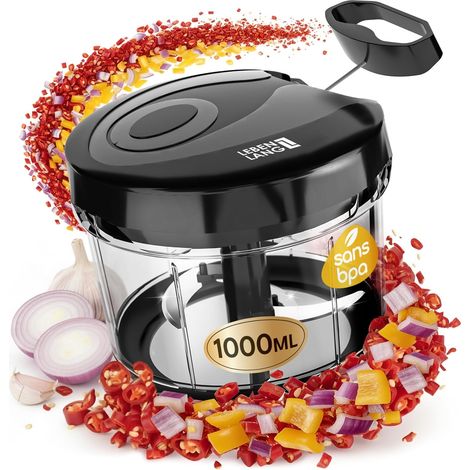 Hachoir manuel legume & coupe oignon - Noir 1L mixeur manuel & BPA-Free I Moulinette manuelle Hachoir ail vegetable chopper Mini-robots et hachoirs a ficelle Eminceur legumes main 3 lames (1/5)