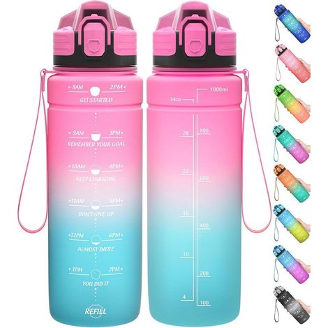 Trinkflasche Auslaufsicher BPAfrei Zeitmarkierung 1000 ml Rosa-smaragd (1/5)