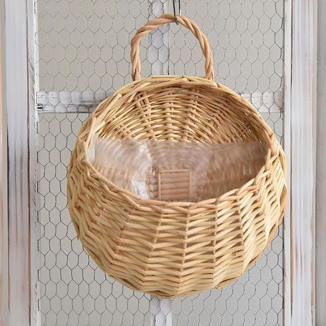 Pot de fleurs suspendu rond, panier à plantes, panier à plantes en osier, suspension murale en rotin pour la décoration intérieure, le jardin, les mariages (blanc cassé, 21 x 16 cm) (1/5)