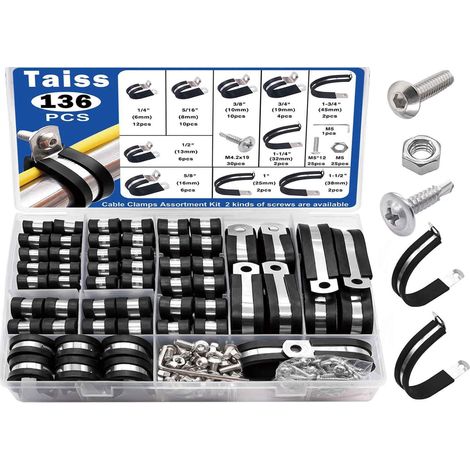 136PCS Kit de tri de câble avec deux vis, 10 tailles 304 tuyaux en caoutchouc en acier inoxydable pince de fil métallique (1/5)