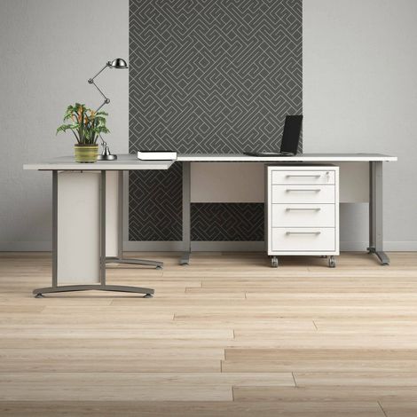Dmora - Escritorio Agerato, Escritorio multiusos, Mesa de oficina para PC, El plan de trabajo, 230x200 h75 cm, Blanco y Gris (1/5)