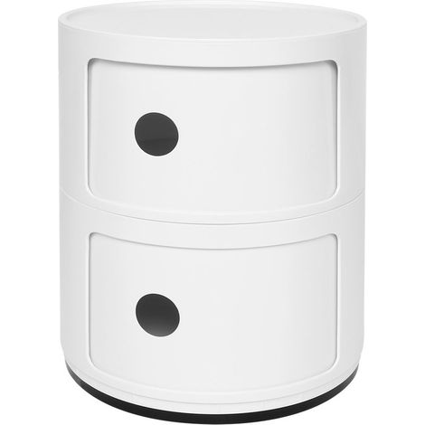 Table de chevet ronde 2 niveaux en plastique blanc, meuble de rangement moderne avec tiroirs, design lisse et compact pour chambre (1/5)