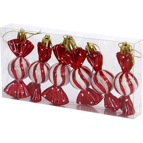HOXILEELEO - Réduction sur les boules de Noël : 6 boules de bonbons de Noël, bocaux à bonbons, décorations suspendues scintillantes pour sapin de Noël, pain d'épice en plastique.