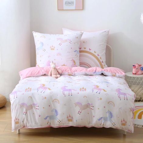 Housse Couette Fille Licorne 140x200cm Arc-en-Ciel Rose 3PCS (1/5)