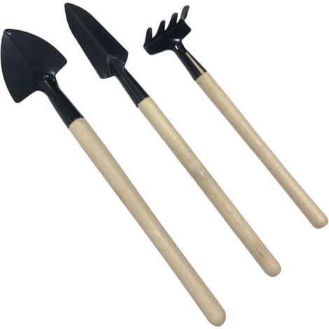 Ensemble de 3 mini-outils de jardin :pelle, râteau et râteau en bois. Idéal pour les plantes d'intérieur et d'extérieur,y compris les plantes en pot.
