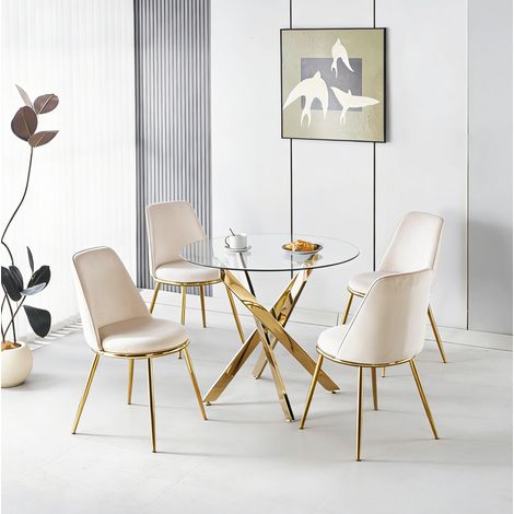 Conjunto comedor 5 piezas mesa de cristal y 4 sillas de terciopelo marfil, moderno FloraGrace (1/5)