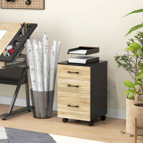 Mobile archivio da ufficio con ruote, cassetti e asta appendiabiti per documenti, 40x42x65 cm, rovere e nero.