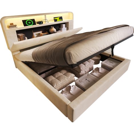 Lit double rembourré 140x200 cm avec tête de lit de rangement réglable en hauteur, lit hydraulique avec éclairage LED et station de charge USB/Type-C, velours beige, avec sommier à lattes (sans matela (1/5)