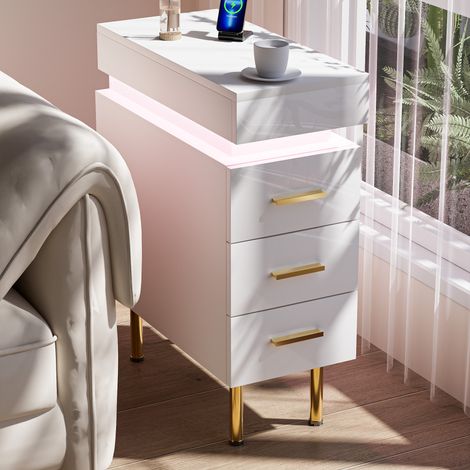 Table de chevet 3 tiroirs LED Bluetooth télécommande prise 1AC+2USB rangement chambre blanc