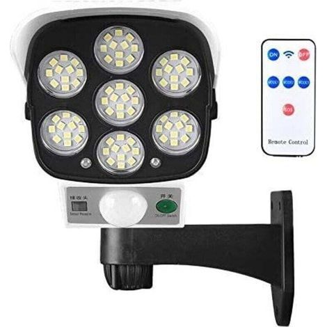 Lampe solaire d'extérieur avec détecteur de mouvement sans fil et caméra de sécurité factice IP66 étanche 77 LED lampe murale spot pour cour, jardin, terrasse, garage, allée (1/5)