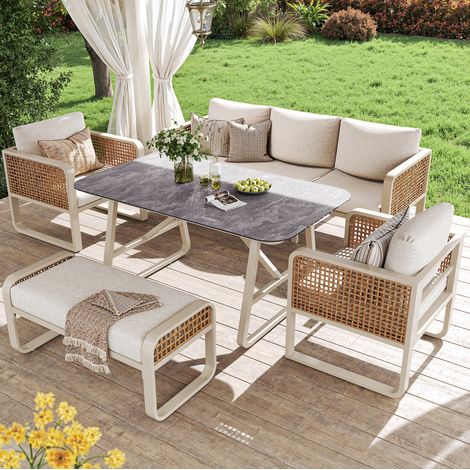 Set di mobili da giardino in PE rattan beige, 2 poltrone, divano 3 posti, panca e tavolo con cuscini lavabili e piedini regolabili (1/5)