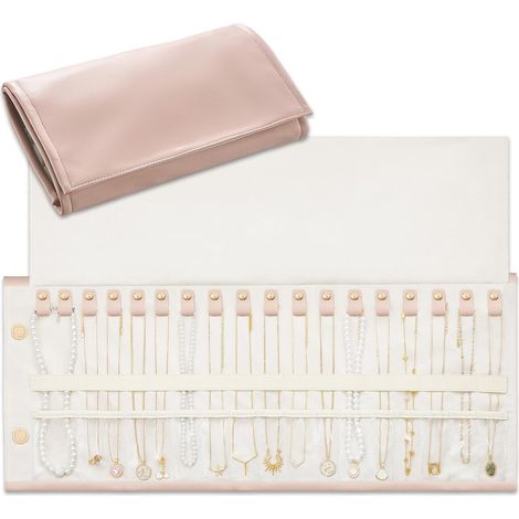 Organisateur de Colliers de Voyage Anti-Emmêlement 18 Attaches Individuelles, Pochettes Transparentes, Design Anti-Nœuds, PU Résistant à l'Eau, Rose (1/5)