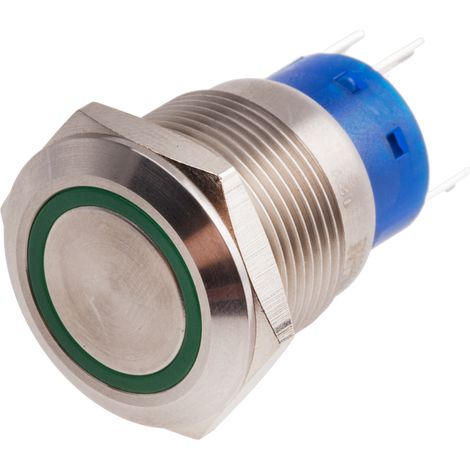 Bouton-poussoir, Verrouillable lumineux, LED Vert, Unipolaire à deux directions (1RT), 5 A, Argent, Montage panneau 12V ( Prix pour 1 ) (1/2)