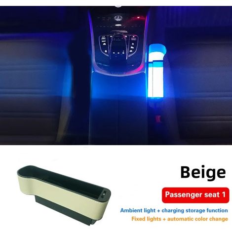 (Beige copilote) Organisateur de siège auto lumineux LED multicolore, boîte de rangement en cuir PU pour boisson, téléphone et portefeuille, accessoire auto (1/5)