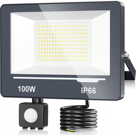 Foco LED exterior de 100 W con sensor de movimiento, proyector LED exterior ultrabrillante de 10000 lúmenes con sensor, luz blanca fría de 6500 K, resistente al agua IP66, luz exterior para jardín/pat (1/5)