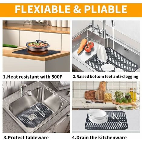 Tapis d'évier de cuisine en silicone, grand tapis d'égouttage en silicone, protection de comptoir en silicone, protection d'évier pliable et résistante à la chaleur (1/3)