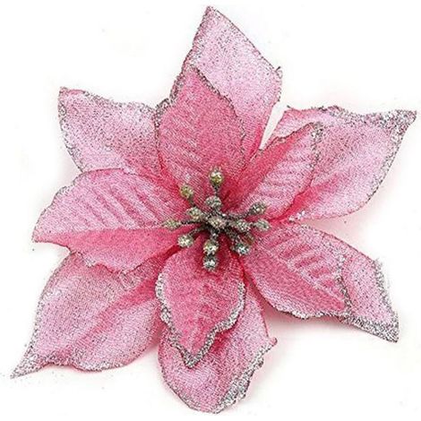 12 pièces de 13 cm de poinsettias artificielles en soie à paillettes dorées et rouges pour décoration de sapin de Noël, couronnes, guirlandes, fêtes, mariages, scrapbooking et cadeaux (1/5)