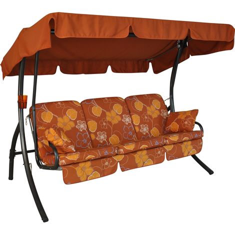 Balancelle de Jardin Comfort 3 Places, Acier Galvanisé, Convertible en Lit, Toit Parasol Réglable, Coussins Rembourrés (Terracotta-Orange à Fleurs) (1/5)