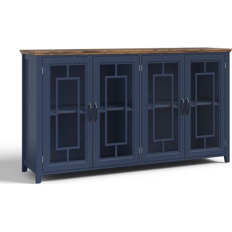 Credenza da cucina blu 160 cm con ante in vetro, piano effetto legno e sistema antiribaltamento (1/5)