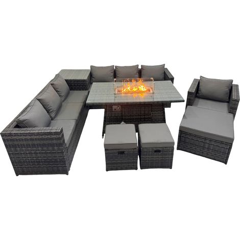 Fimous 10 Seater Garden Outdoor Rattan Furniture Set Patio Corner Sofa Gas Firepit Dining Table with Side Table 3 Stools Dark Grey (1/5)