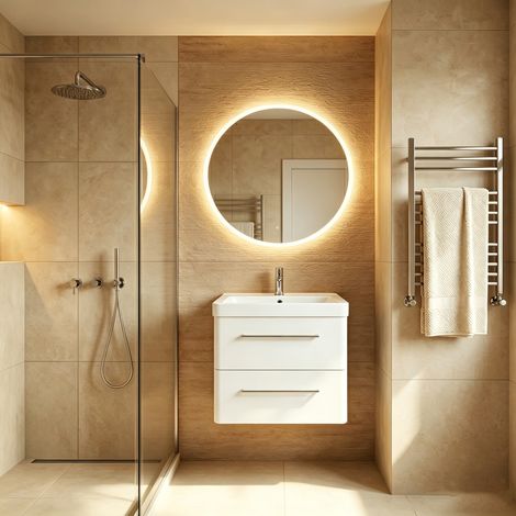 Meuble Salle de Bains avec vasque/lavabo TAHITI 60 suspendu laqué Blanc brillant avec plan résine (1/5)