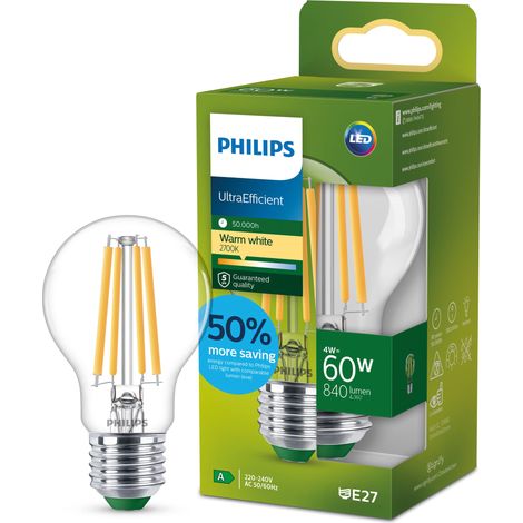 ampoule LED Ultra Efficient Classe A, 60W, culot E27, blanc chaud 2700K, transparente, verre (1/5)