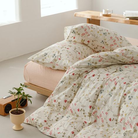 Bettwäsche-Set 155x220 cm Baumwolle Blumenmuster Beige 3-teilig mit Reißverschluss