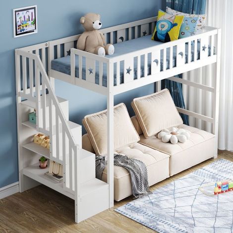 Lit superposé enfant - SOGEU - 90x200 - Bois massif - Blanc - Garde-corps sécurisé (1/5)