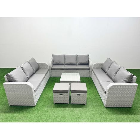 Fimous PE Rattan Lounge Sofa Set 11 Seater Outdoor Garden Furniture Set with Square Coffee Table 3 Seater Sofa 2 Stools Light Grey (1/4)