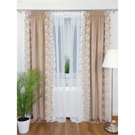 Rideau en velours beige à broderies florales blanches, 135 x 250 cm, sur ruban (1/5)