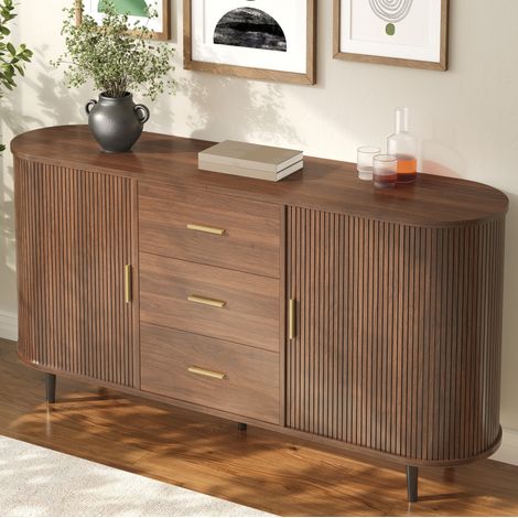 Aparador de 160x40x80,5 cm con 3 cajones y puertas correderas, estantes ajustables, MDF para comedor - nogal (1/5)