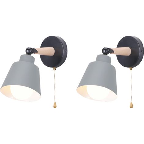 2X Wall Light, Modern Wooden Wall Lamp with EU Plug, Simple Wall Sconce Fixture with Metal Lampshade for Bedroom Living Room (Grey) (1/4)