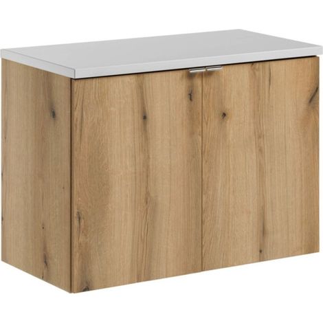 Set da bagno sospeso VANO effetto rovere e bianco 80cm: mobile sotto lavabo con armadietti + piano per lavabo