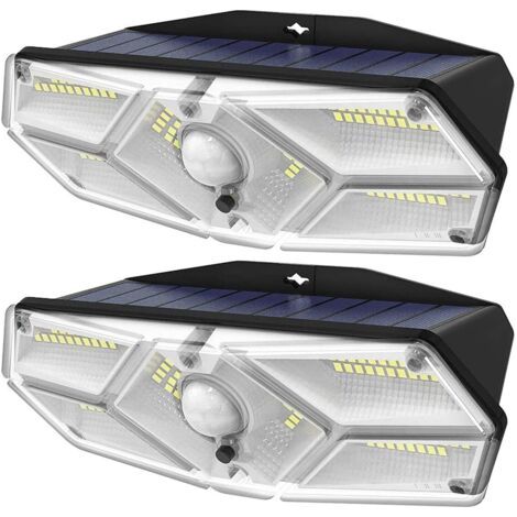 Lot de 2 lampes solaires à 104 LED avec détecteur de mouvement étanche, 3 modes d'éclairage, éclairage de sécurité solaire à 270° pour garage, jardin, allée, porte d'entrée (1/5)
