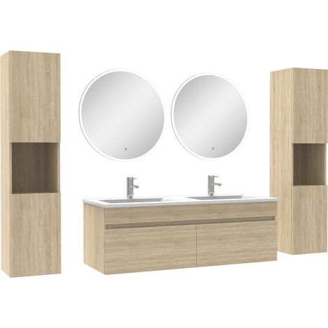 Ensemble meubles Salle de Bain double vasque 120cm, colonnex2 et miroir rond Chêne Wotan