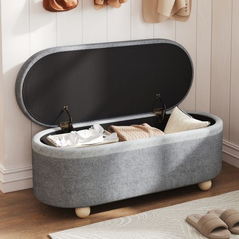 Banquette de rangement avec couvercle relevable, siège rembourré en molleton gris – Coffre de rangement polyvalent pour salon, entrée ou chambre (110 x 41 x 47 cm), pieds en bois