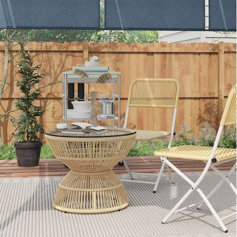 Table de jardin d’appoint ronde en PE rotin aspect bois naturel avec plateau en verre trempé (1/5)