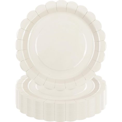 Lot de 25 Assiette Carton Ivoire de 23 cm, Festonnées Assiette Jetable Vaisselle Jetable Anniversaire Pour Gâteaux Desserts Anniversaires Baby Showers Mariages Décorations (Ivoire, 23cm) (1/5)