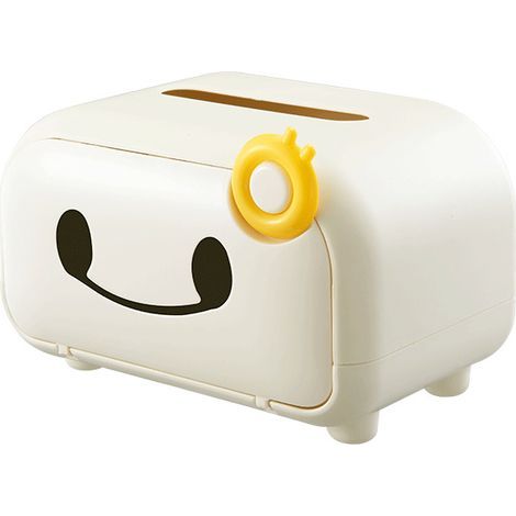 Niedliche Taschentuchbox in Cremeweiß, verziert mit einem cartoonartigen Smiley-Gesicht, ideal zur Dekoration im Wohnzimmer, Auto oder Büro. (1/5)
