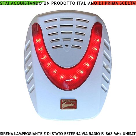 Sirena Radio Lampeggiante Autoalimentata Esterna Frequenza 868 MHz Bidirezionale Anticollisione Anti Jamming UNISAT Tromba 120 dB Lampada Segnale Di Stato Con 12 Led Durata Allarme 3,5 Minuti IP34 (1/4)