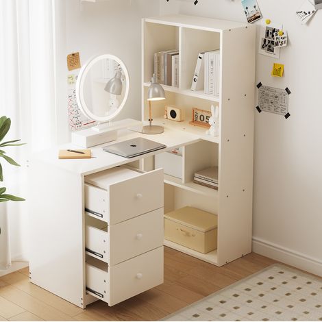 Eckschreibtisch Mit Bücherregal 117 × 63 × 135 cm, Schreibtisch mit 4 Ablagefächern und 3 ausziehbaren Schubladen, Weiß (1/5)