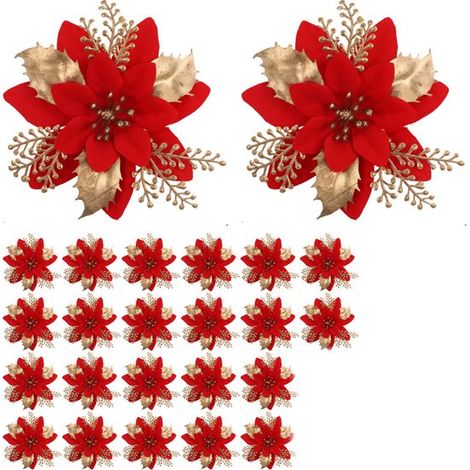 24-teiliges künstliches Weihnachtsblumen-Set – Weihnachten – Funkelnde Weihnachtsdekoration – Geeignet für Christbaumkränze – Stil C (1/5)