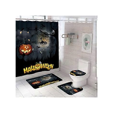 4-teiliges Halloween-Duschvorhang-Set mit Teppich, Kürbis und Grab, Halloween-Duschvorhänge für Badezimmerdekoration, Halloween-Badezimmerdekoration, WC-Deckel-Set