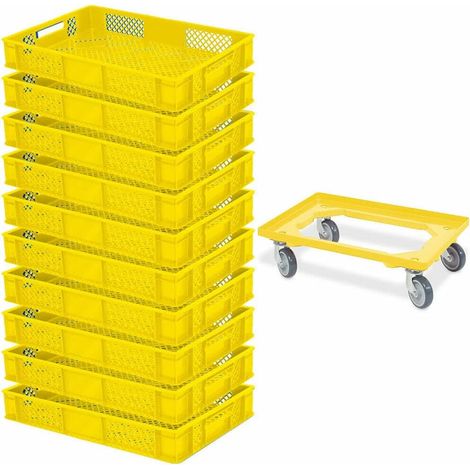 BRB Lot de 10 boîtes Euro - 600 x 400 x 90 mm - Qualité industrielle - Utilisation alimentaire - Avec 1 chariot de transport - Jaune