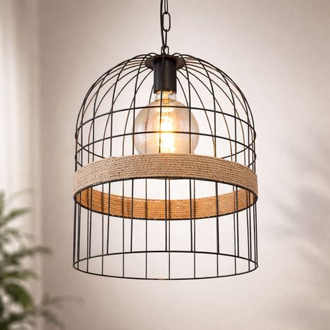 Hängeleuchte Pendellampe Hanfseil Pendelleuchte Wohnzimmer Hängeleuchte Metallgitter Optik, schwarz braun, 1x E27 Fassung, DxH 35x140 cm
