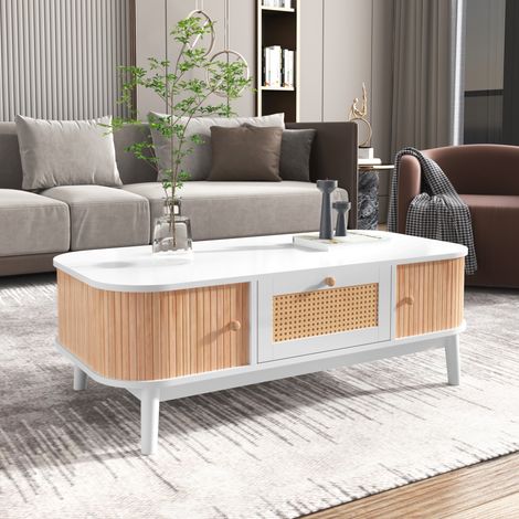 Mesa baja madera y blanca con cajones de ratán y puertas correderas con listones de madera maciza, patas de madera maciza (1/5)