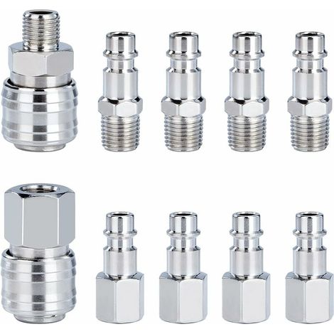 Conectores de aire comprimido de conexión rápida BSP de 1/4" para manguera de compresor, conector neumático macho y hembra, 10 unidades (1/5)