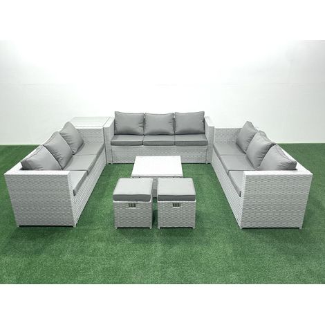 Fimous Ensemble de meubles de jardin en rotin 11 places avec Canapé 2 Petits tabourets Table d'appoint Gris clair mixte (1/5)